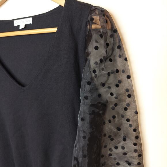 Ophelia Row Sweater Sheer Polka Dot Sleeve V Neck - Picture 4 of 8